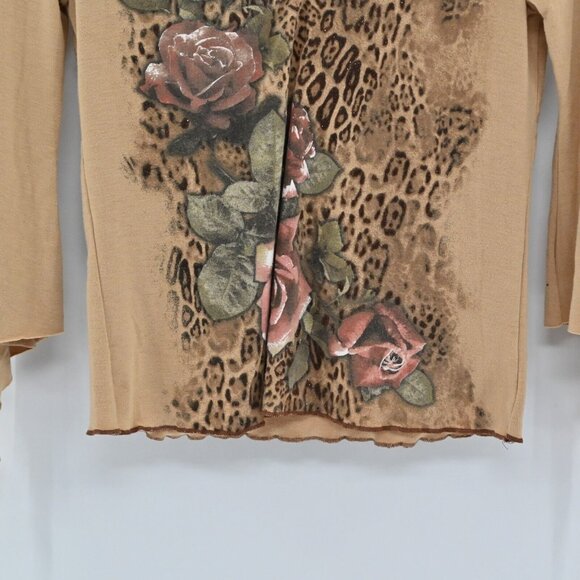 VTG Y2k FANG Womens T Shirt Sz L V Neck Long Sleeve Animal Floral Print Stretch - Picture 3 of 8